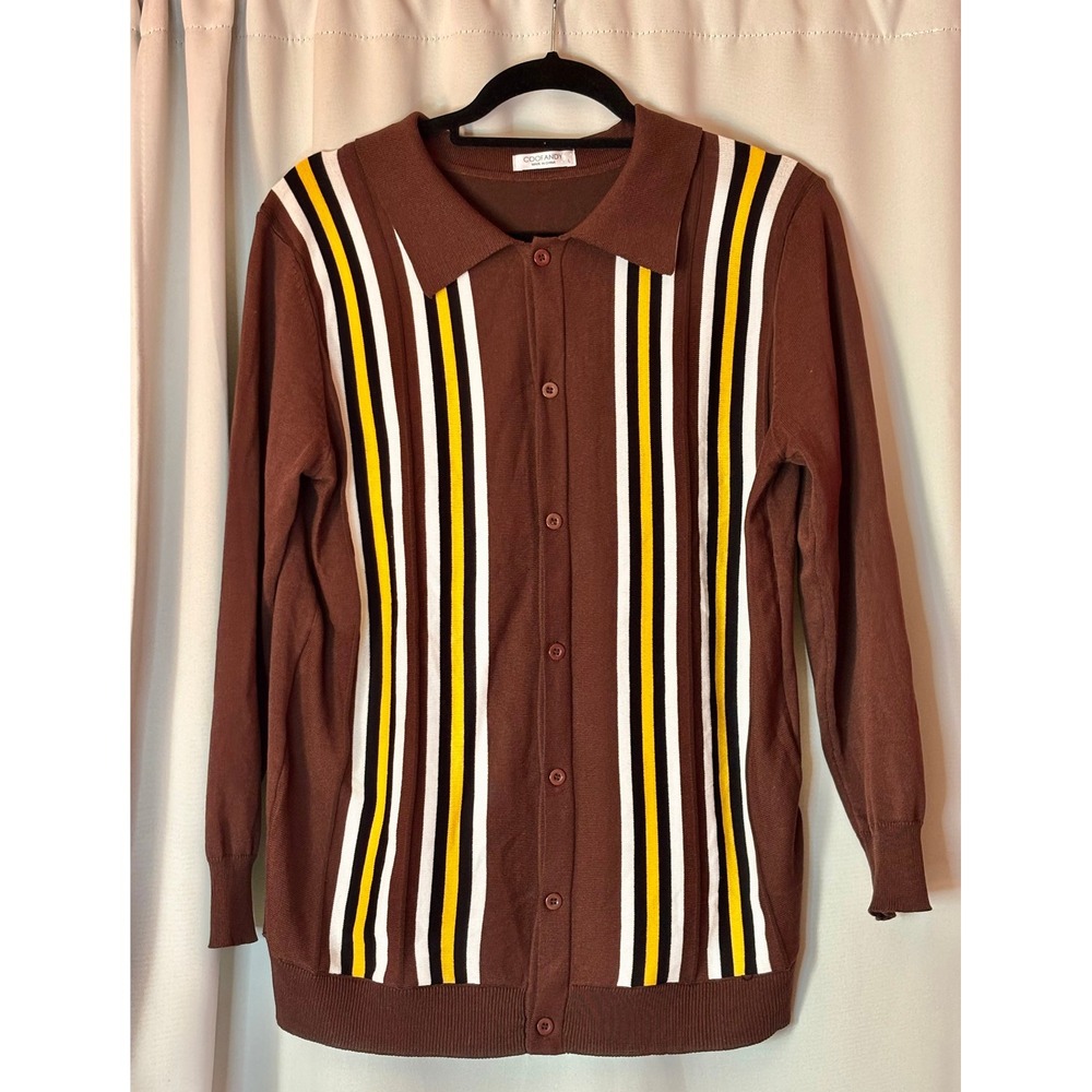 Coofandy Mens Vertical Stripe Button Down Knit Polo Large Retro Cabana Mod